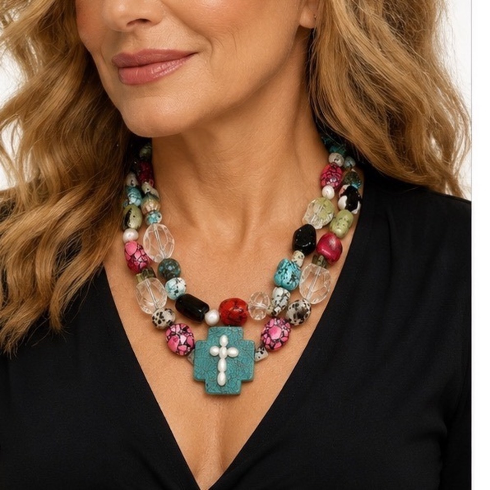 Handcrafted Stone Double Strand Necklace Pearl Cross Aqua Pendant Toggle Clasp